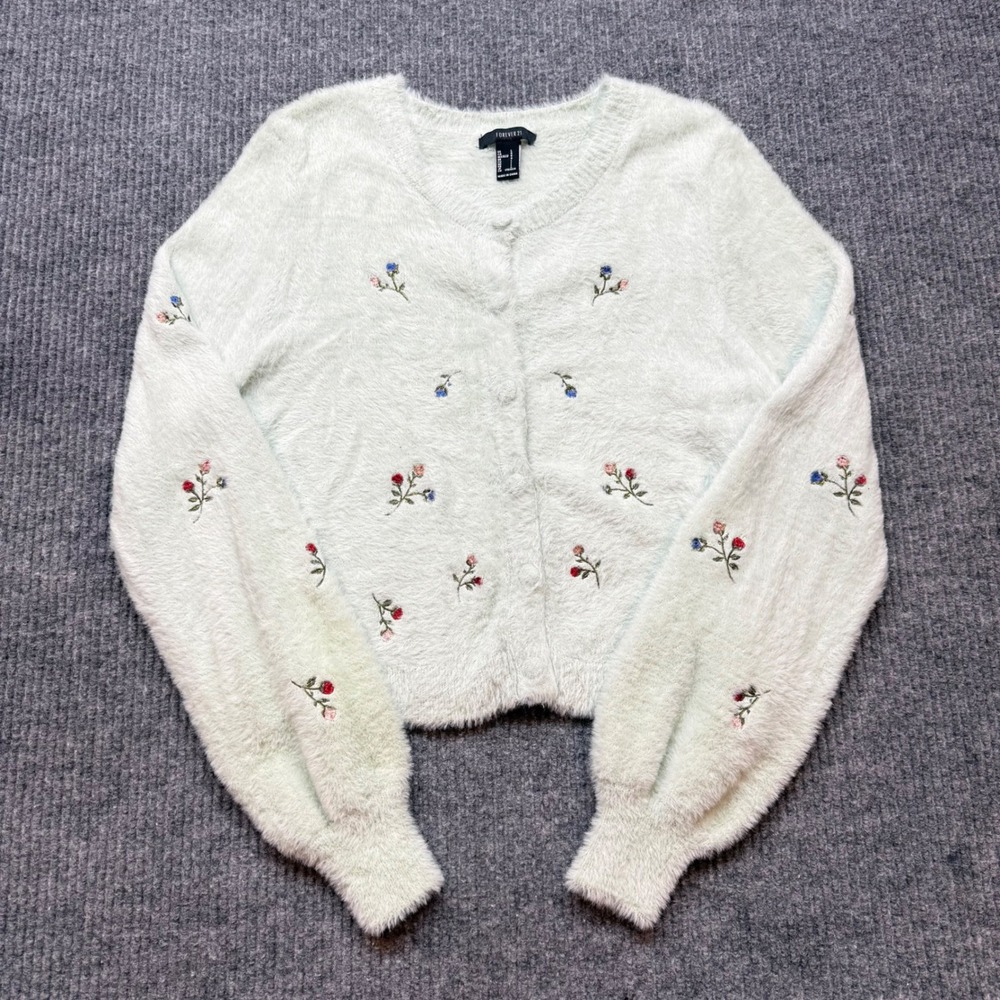 Floral Embroidered Cardigan Large Green Balloon‎ Sleeve Boho Cottage Soft Girl